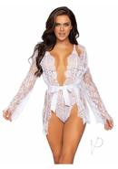 Leg Avenue Floral Lace Teddy With Adjustable Straps And Cheeky Thong Back Matching Lace Robe With Scalloped Trim And Satin Tie - Medium - White